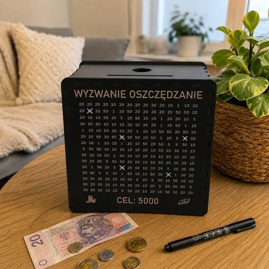 Czarna skarbonka do oszczędzania z wykreślanymi kwotami